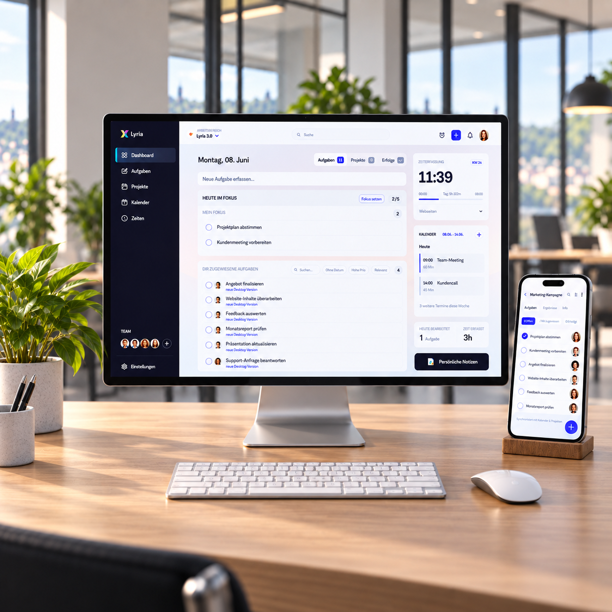 Lyria auf Desktop und Smartphone in einem modernen Büro