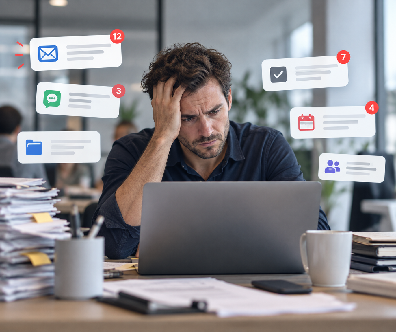 Büroalltag mit vielen Aufgaben, Nachrichten und Abstimmungen